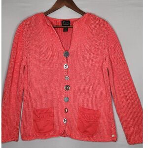 Pure Handknit art to wear peach coral cardigan Med‎ Unique Buttons 100% Cotton
